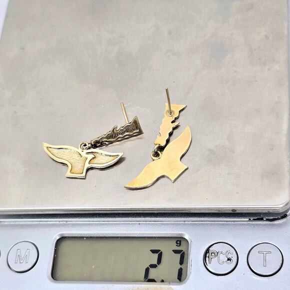 Vintage 9k Yellow Gold Over Silver Dangle Stud Whale Fin Post Sterling Earrings - Picture 2 of 10